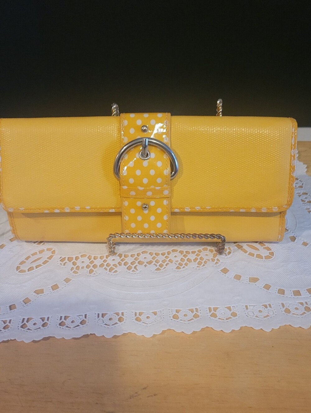 Woman's Mustard Yellow Clutch Alex's Lemonade Polka Dot Band